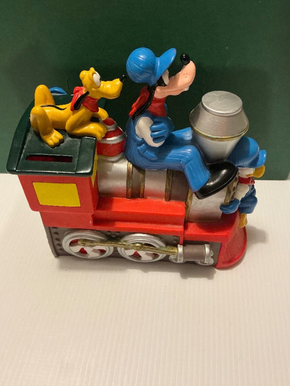 Vintage Disney Vinyl Train Coin Bank Mickey Goofy Donald Pluto Piggy Bank 8"